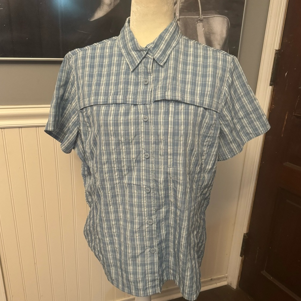 LL Bean Women’s Blue White Plaid Short Sleeve Shirt Size Large